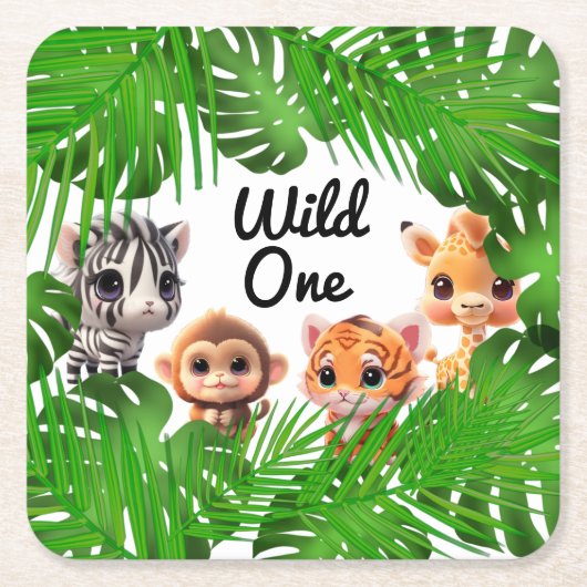 サファリの友人タイガーgiraffe zebra monkey elephant スクエアペーパーコースター (正面)