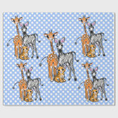 サファリの友達、キリン、ゼブラ、タイガー、青いポルカ ラッピングペーパー (フラット)