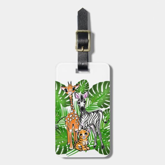 サファリの友達、キリン、ゼブラ、トラ、パーム葉 ラゲッジタグ (正面縦)