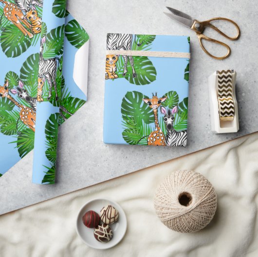 サファリの友達、キリン、ゼブラ、トラ、パーム葉 ラッピングペーパー (クラフト)
