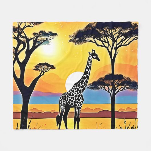 サファリの夕日: キリンの抱擁 フリースブランケット (正面(横))
