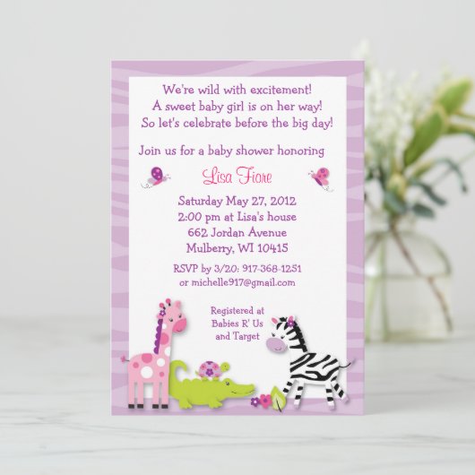サファリの女の子のジャングル動物のベビーシャワー招待状 招待状 (スタンド正面)