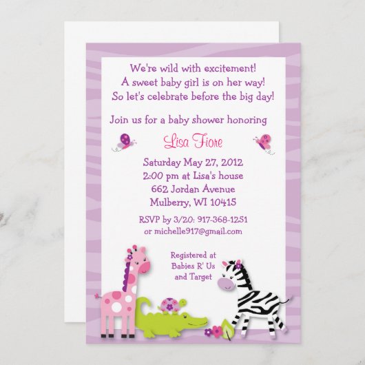 サファリの女の子のジャングル動物のベビーシャワー招待状 招待状 (正面/裏面)
