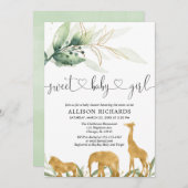 サファリの女の子のベビーシャワーの招待の甘い女の赤ちゃん 招待状 (正面/裏面)