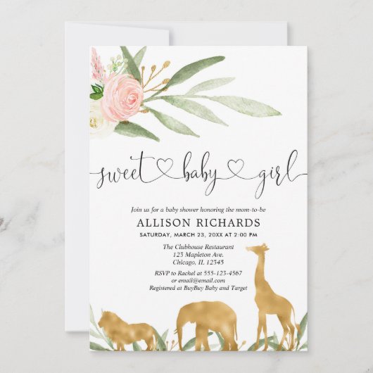 サファリの女の子のベビーシャワーの招待の甘い女の赤ちゃん 招待状 (正面)