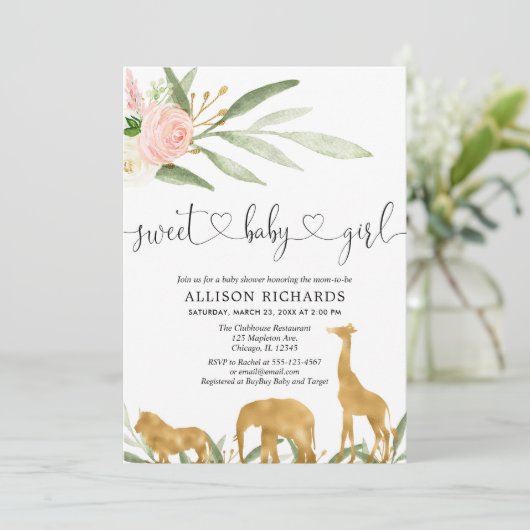 サファリの女の子のベビーシャワーの招待の甘い女の赤ちゃん 招待状 (スタンド正面)