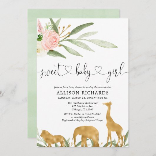 サファリの女の子のベビーシャワーの招待の甘い女の赤ちゃん 招待状 (正面/裏面)