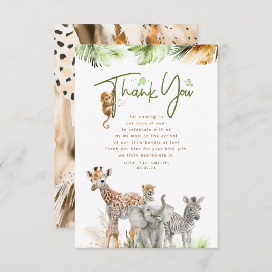 サファリの小さな動物のジャングルありがとう サンキューカード (正面/裏面)
