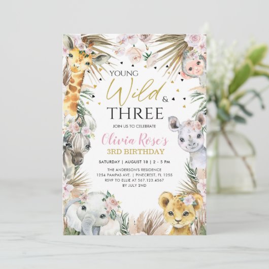 サファリの幼稚園と3体の動物のサファリ 招待状 (スタンド正面)