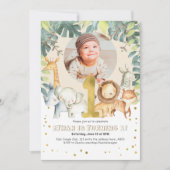 サファリの最初の誕生日招待状ジャングル動物の写真 招待状 (正面)