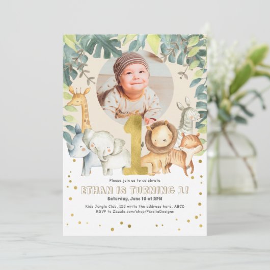 サファリの最初の誕生日招待状ジャングル動物の写真 招待状 (スタンド正面)