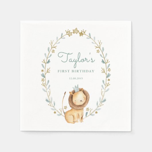 サファリの水彩ライオン王子 1歳の誕生日 スタンダードカクテルナプキン (正面)