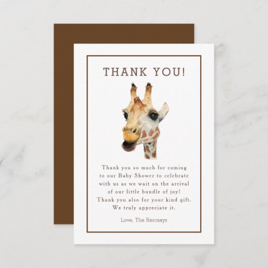 サファリの水彩画のキリンのベビーシャワーは感謝していしています サンキューカード (正面/裏面)