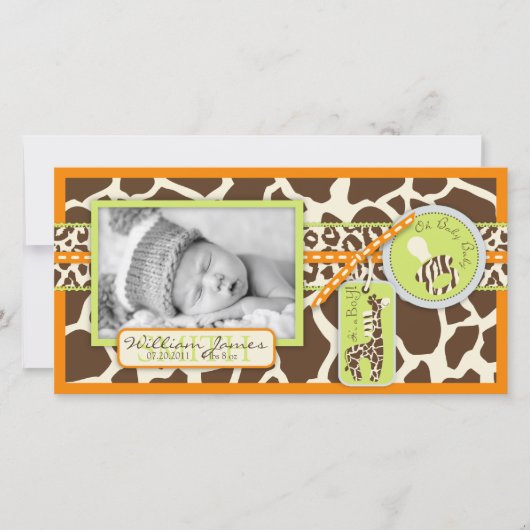 サファリの男の子のオレンジ写真カード 案内状 (正面)