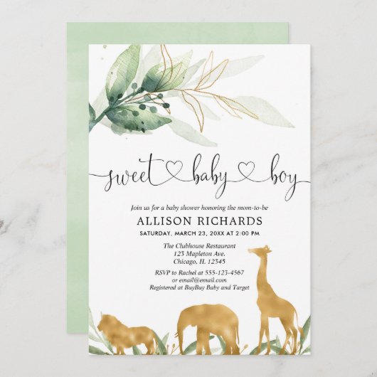 サファリの男の子のベビーシャワーの招待の菓子の男の赤ちゃん 招待状 (正面/裏面)