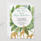 サファリの男女兼用な緑金ゴールドのベビーシャワー 招待状 (正面)