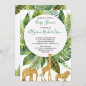 サファリの男女兼用な緑金ゴールドのベビーシャワー 招待状 (正面/裏面)
