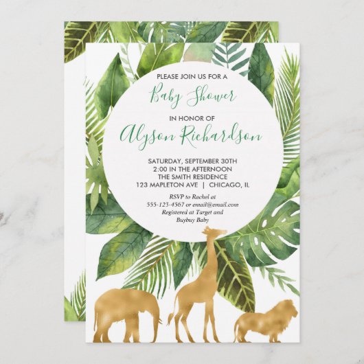 サファリの男女兼用な緑金ゴールドのベビーシャワー 招待状 (正面/裏面)