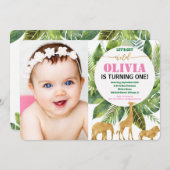 サファリの第1誕生日の写真の招待の女の子野生の者 招待状 (正面/裏面)
