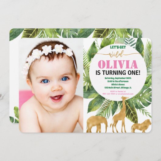 サファリの第1誕生日の写真の招待の女の子野生の者 招待状 (正面/裏面)