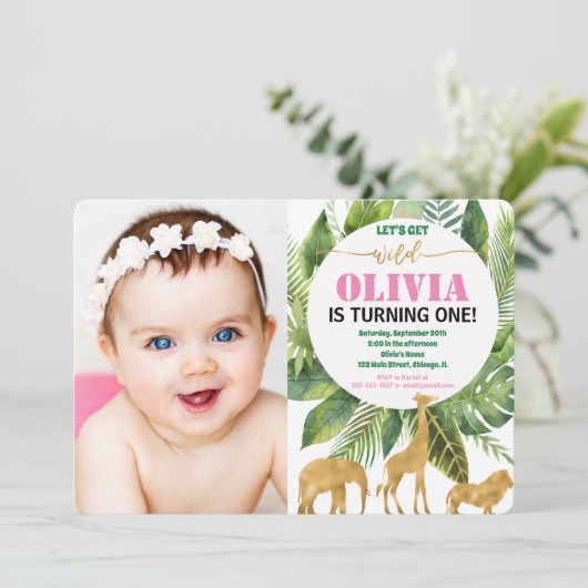 サファリの第1誕生日の写真の招待の女の子野生の者 招待状 (スタンド正面)