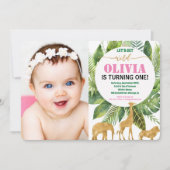 サファリの第1誕生日の写真の招待の女の子野生の者 招待状 (正面)