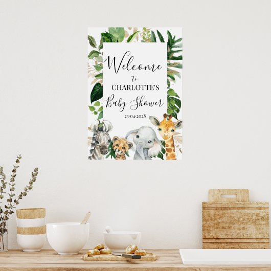 サファリの緑の葉の赤ちゃんシャワー歓迎ポスター ポスター (キッチン)