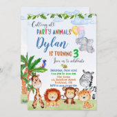 サファリの誕生日の招待ジャングルボーイズ動物1st 招待状 (正面/裏面)