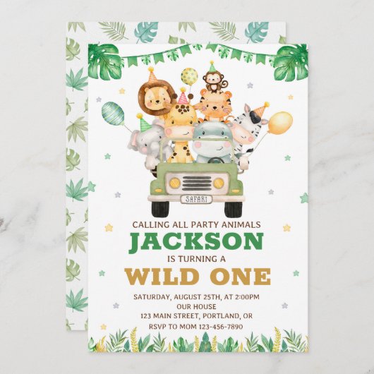 サファリの誕生日の招待ワイルドワンの招待ボーイ 招待状 (正面/裏面)