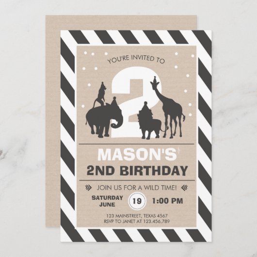 サファリの誕生日の招待状の動物園の野生のジャングル動物 招待状 (正面/裏面)