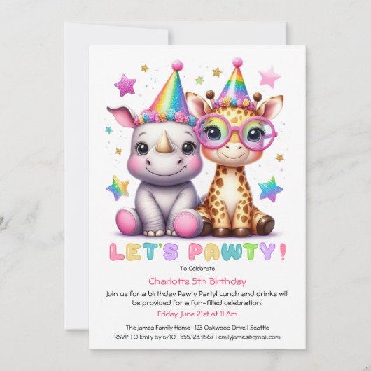 サファリの誕生日パーティー | かわいいサイとキリン 招待状 (正面)