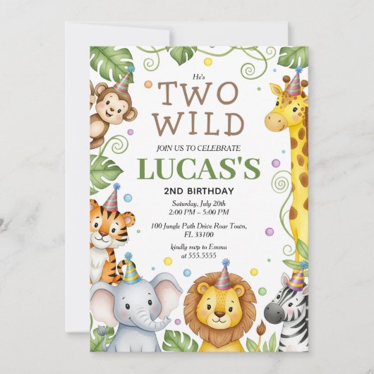 サファリの誕生日招待状　2歳の野生の少年招待状 招待状 (正面)