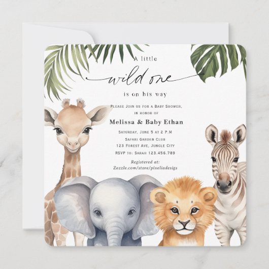 サファリの赤ちゃんシャワーに行く小さなワイルドワン 招待状 (正面)
