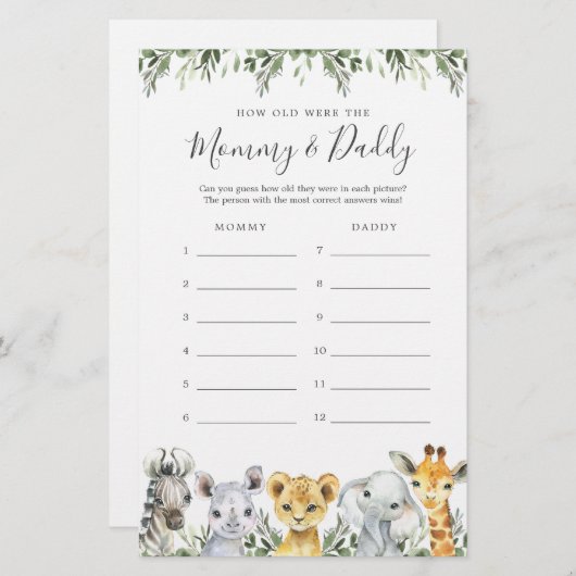 サファリの赤ちゃんシャワー彼らはゲームカードを何歳だった (正面/裏面)