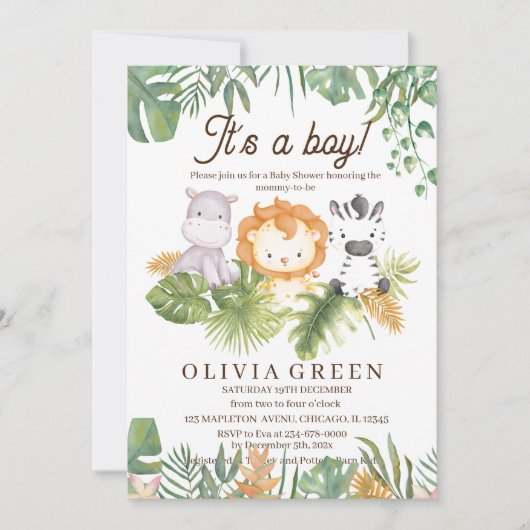 サファリの赤ちゃんシャワー熱帯動物の赤ちゃんシャワー 招待状 (正面)