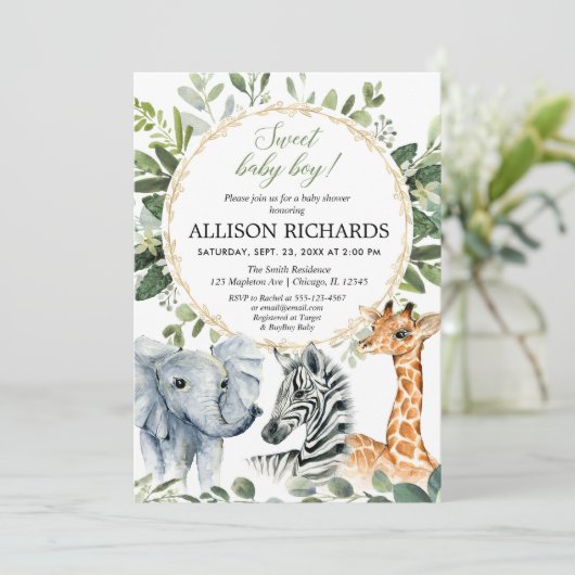 サファリの赤ちゃんシャワー、甘い男の赤ちゃんジャングル動物 招待状 (スタンド正面)