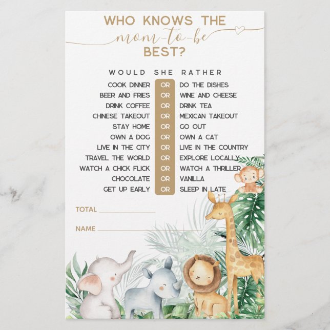 サファリの赤ちゃん動物の緑の赤ちゃんシャワーゲーム (正面)