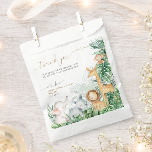 サファリの赤ちゃん動物の緑の赤ちゃんシャワー感謝してい フェイバーバッグ (クリップ留めされた状態)