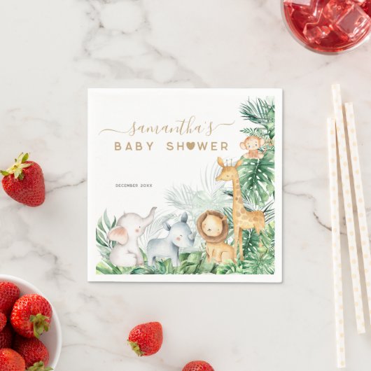 サファリの赤ちゃん動物の緑の赤ちゃんシャワー スタンダードカクテルナプキン (インサイチュ)