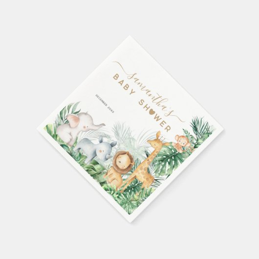 サファリの赤ちゃん動物の緑の赤ちゃんシャワー スタンダードカクテルナプキン (角)