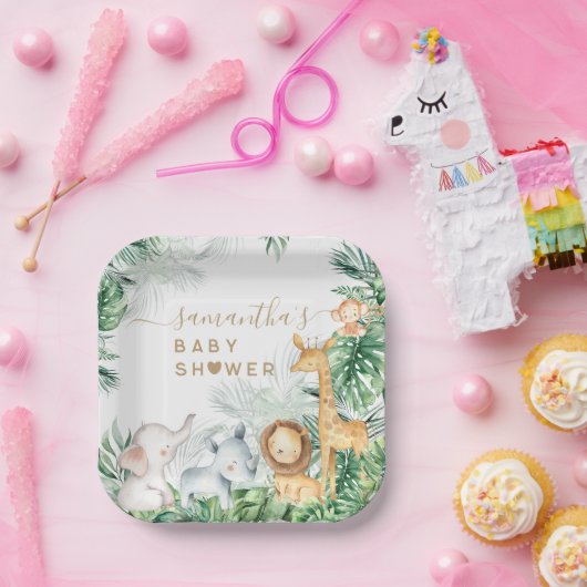 サファリの赤ちゃん動物の緑の赤ちゃんシャワー ペーパープレート (パーティー)