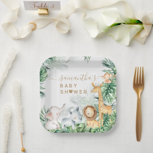 サファリの赤ちゃん動物の緑の赤ちゃんシャワー ペーパープレート (ウェディング)