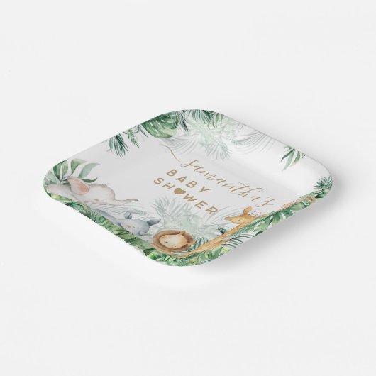 サファリの赤ちゃん動物の緑の赤ちゃんシャワー ペーパープレート (傾斜あり)