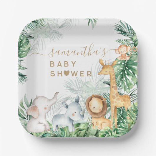 サファリの赤ちゃん動物の緑の赤ちゃんシャワー ペーパープレート (正面)