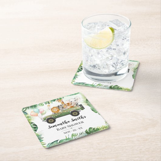 サファリの赤ちゃん動物ジャングル熱帯赤ちゃんシャワー スクエアペーパーコースター (インサイチュ)