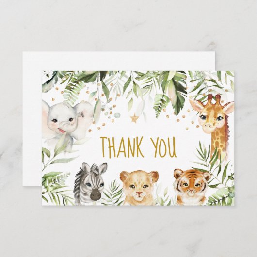 サファリの赤ん坊の動物と緑 サンキューカード (正面/裏面)