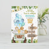 サファリの車、風船、ジャングルの動物の男の子の誕生日。 招待状 (スタンド正面)