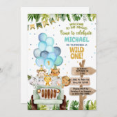 サファリの車、風船、ジャングルの動物の男の子の誕生日。 招待状 (正面/裏面)