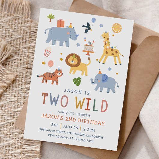 サファリの野生動物が可愛い2歳の誕生日 招待状