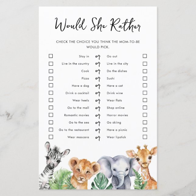 サファリは彼女はむしろ赤ちゃんシャワーゲームカード (正面)